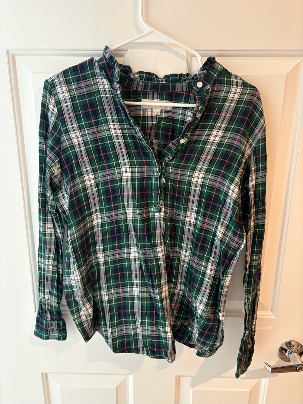LOFT Green Plaid Ruffle Collar Button-Down Shirt